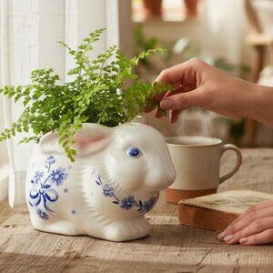 Enchanting Classic Blue and White Floral Bunny Planter for Garden or Home Decor